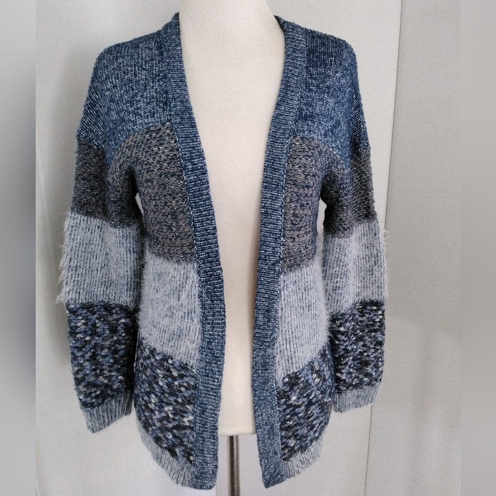 PEPE JEANS LONDON Blue Gray Woven Striped Cotton Algodó Open Front Sweater Sz 10